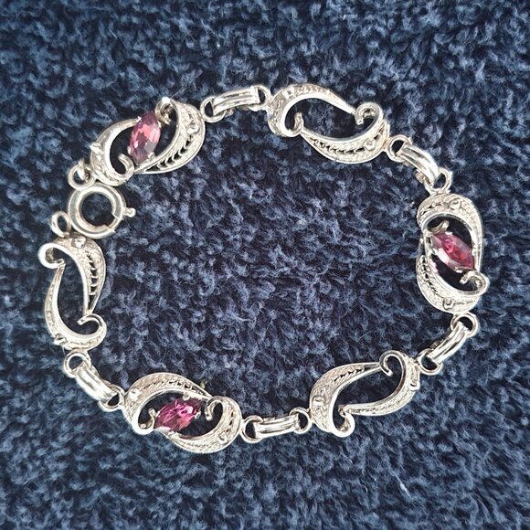 Rare Vintage Filigree Sterling Purple Rhinestone Crystal Art Nouveau Bracelet - Picture 1 of 15